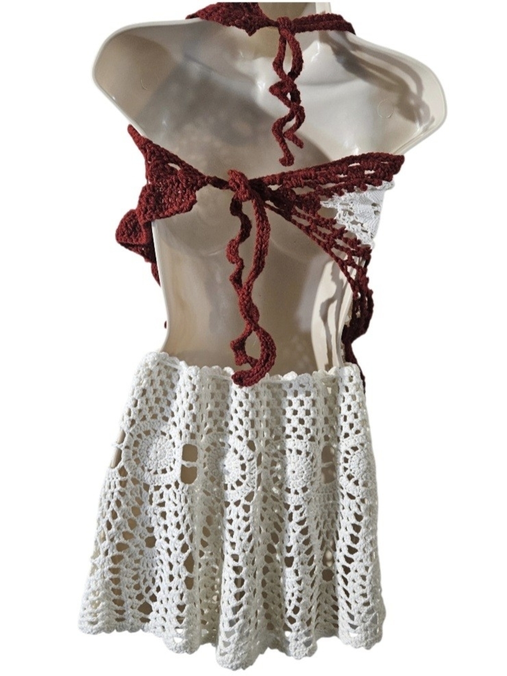 Hand Crafted White Burgundy Crochet Swim Coverup 2 Piece Set - Picture 7 of 17